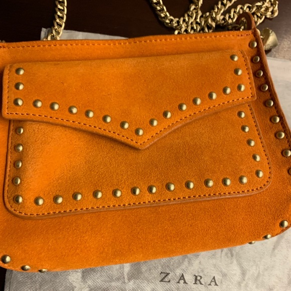 Zara Orange Suede Leather bag with gold chain - Picture 2 of 11